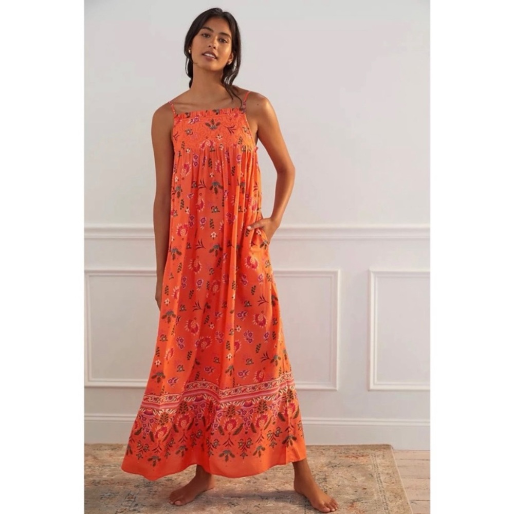 Anthropologie Quilted Floral Maxi Dress Orange M